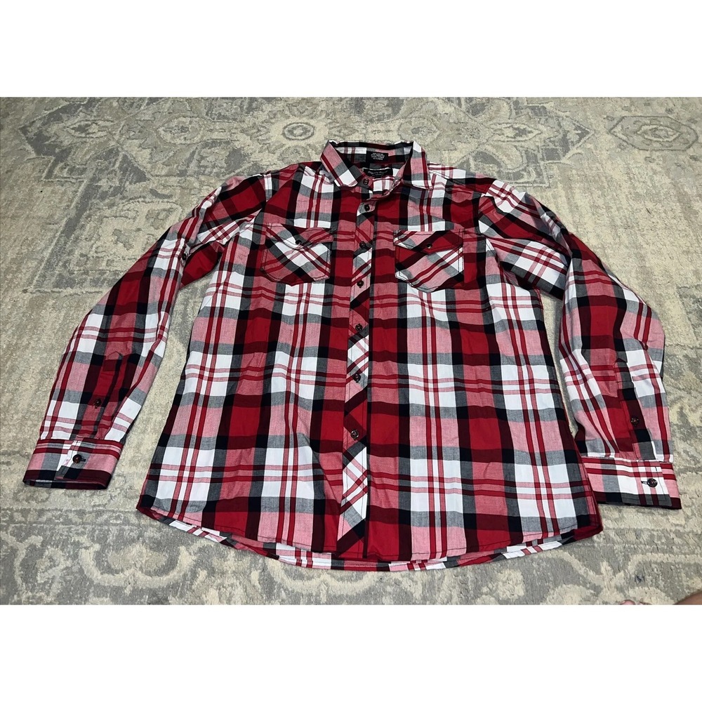 Eighty Eight Platinum Men Size Large Red Plaid Roll Tab Sleeve Shirt‎ Button Up